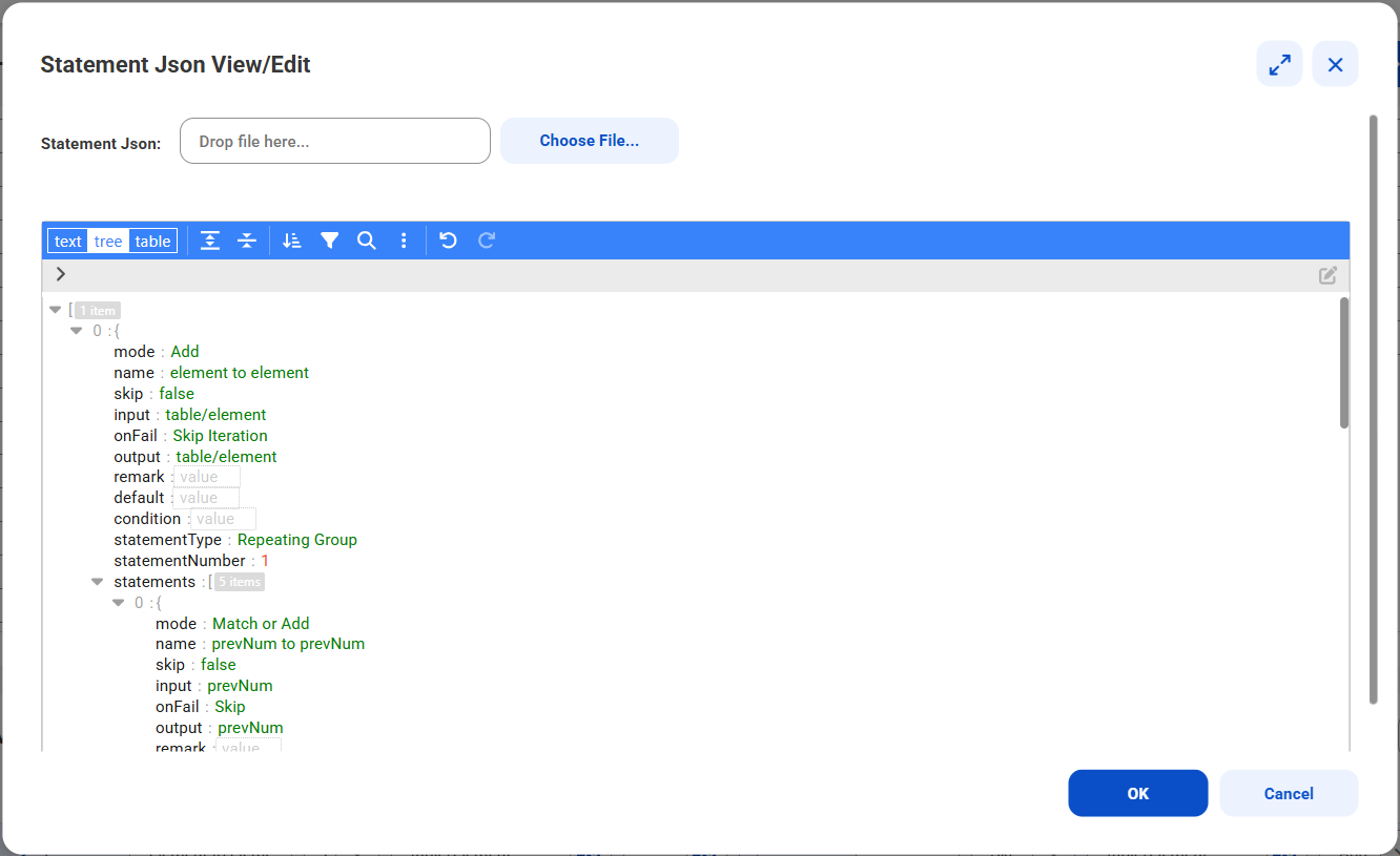 JSON editor where you can view and edit mapping statements in JSON format. You can view the JSON document in text, tree, and table views.