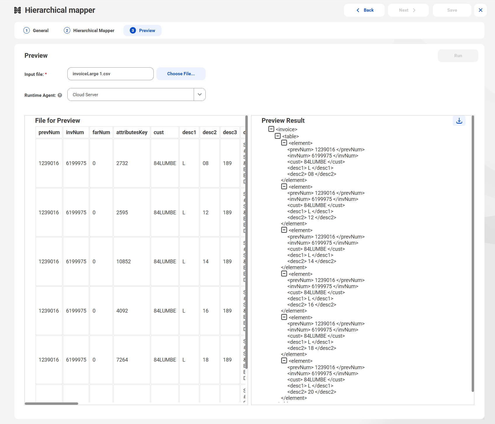Preview page of a hierarchical mapper. The input is a CSV file and data preview runs on the Cloud Server, or the Hosted Agent. The page displays the content of the CSV file next to the output of the hierarchical mapper.