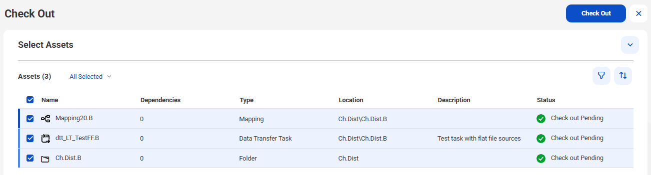 The Check Out preview page shows Ch.Dist.B folder and the assets contained in the folder.