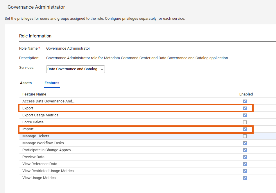 The feature privileges for bulk import and export are enabled for the Governance Administrator role. The 'Export' and 'Import' features are highlighted.