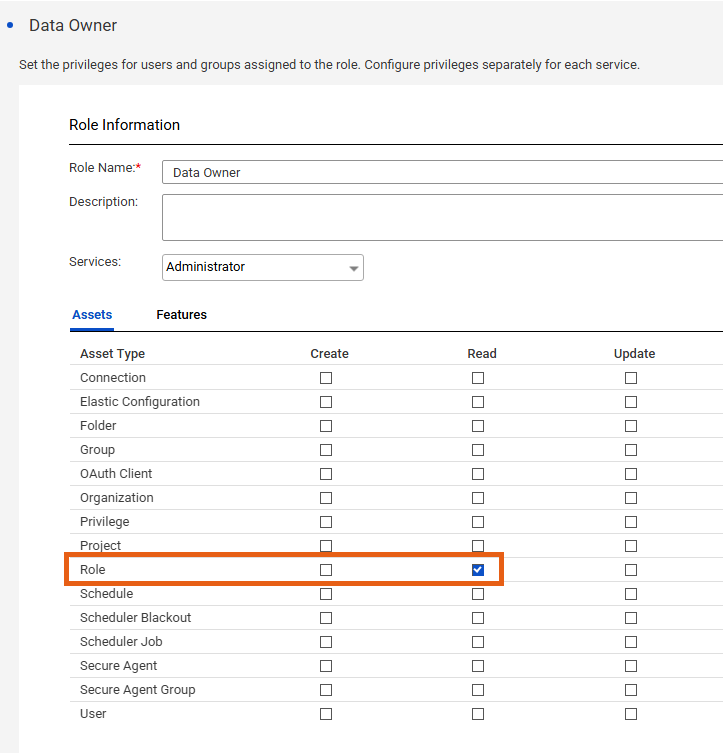 The 'Read' privilege is enabled for the user role 'Data Owner' in the Administrator.