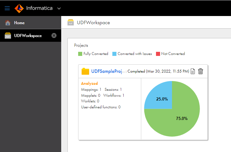 The workspace contains a project within it. The project displays the summary of the successfully converted assets and the assets converted with issues. You can see each of the assets analyzed for conversion, such as mappings and sessions.