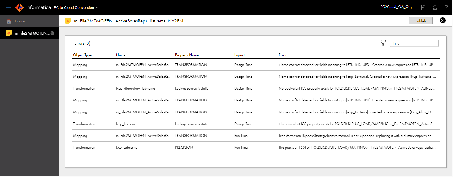 The errors page for an asset shows the errors that are associated with each object in the asset.