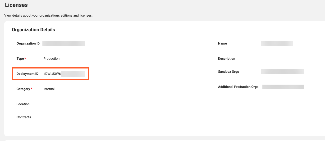 The Deployment ID property is displayed in the Organization Details panel on the Licenses page.
