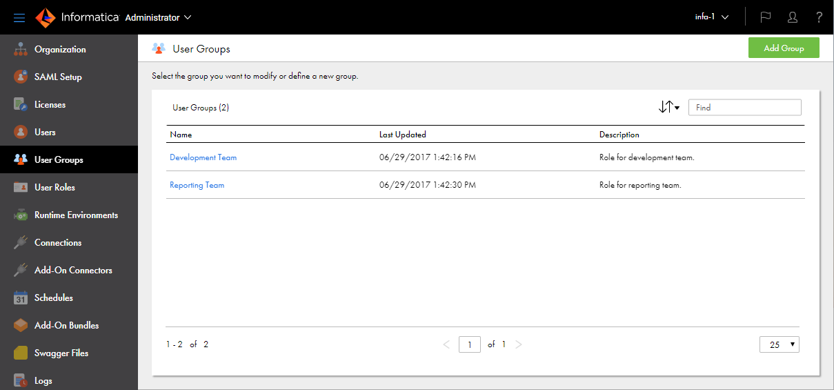 The User Groups page shows two user groups: Development Team and Reporting Team. To display details about a specific group, click the group name.