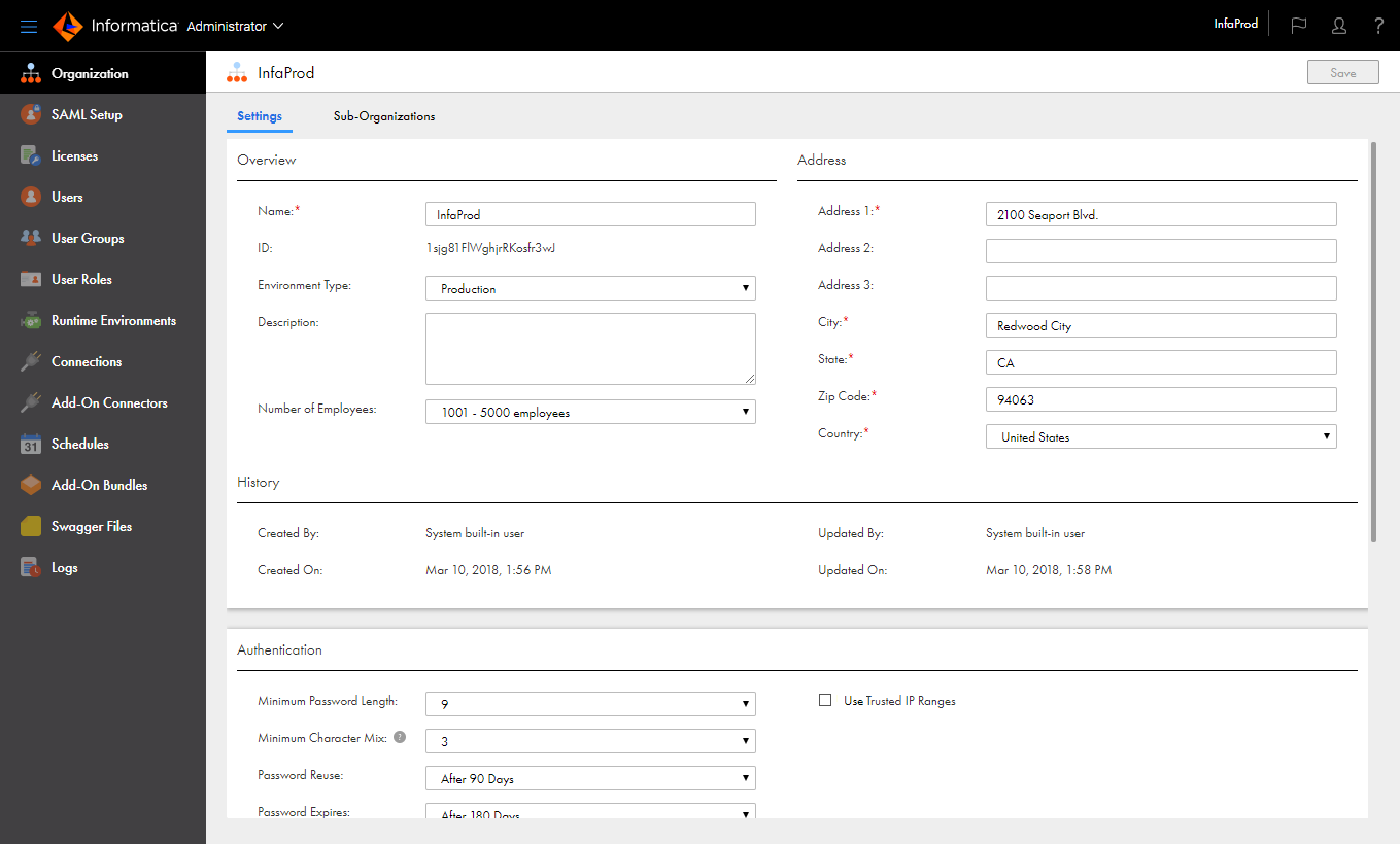 The Organization page displays details about the organization that include the name and address properties, authentication properties, and Data Integration service properties.