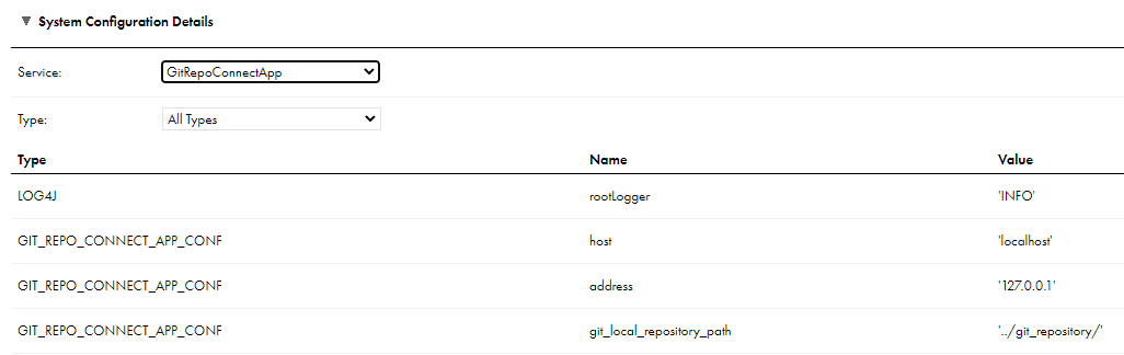 When you view or edit a Secure Agent and select the GitRepoConnectApp service, the configuration properties appear in the System Configuration Details area. In this image, the service type is set to "All Types," and the LOG4J and GIT_REPO_CONNECT_APP_CONF properties are displayed.