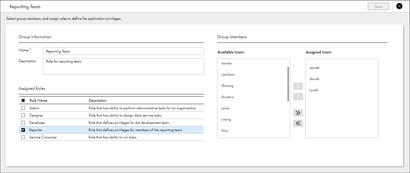 The group details page for the “Reporting Team” group displays the group name and description, the roles assigned to the group, and the group members. The “Reporter” role is assigned to the group. The group has three members.