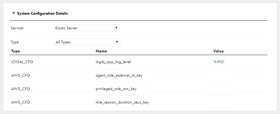 When you view or edit a Secure Agent and select the Elastic Server, the Elastic Server properties appear in the System Configuration Details area. In this image, the service type is set to "All Types," and the LOG4J and AWS properties are displayed.