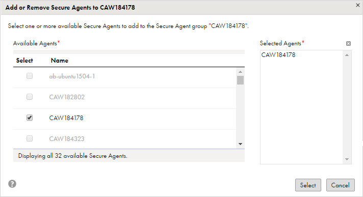 Secure Agent CAW184178 will be added to the Secure Agent group because it is checked in the Available Agents list and appears in the Selected Agents list.