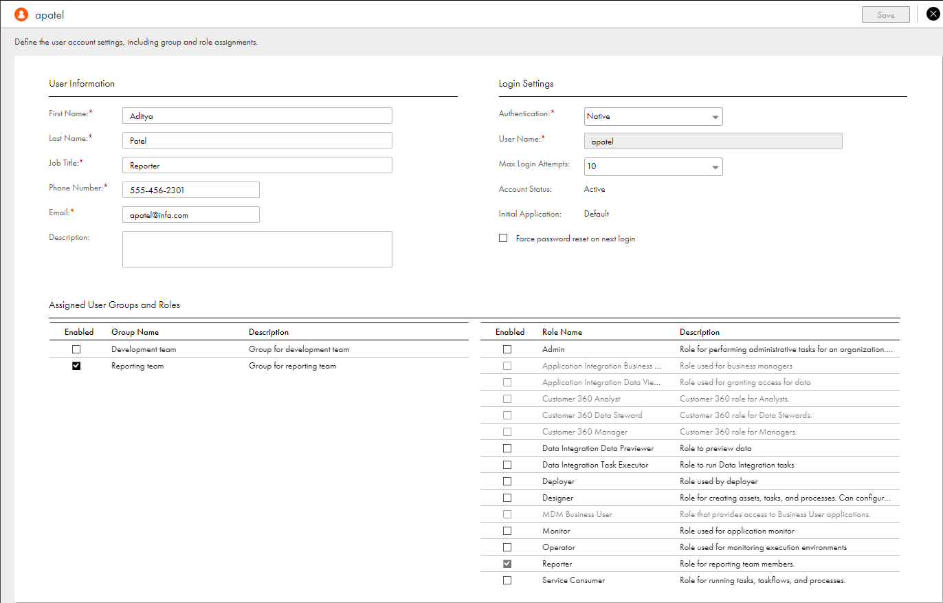 The user details page displays user information, login settings, and assigned user groups and roles for a specific user.