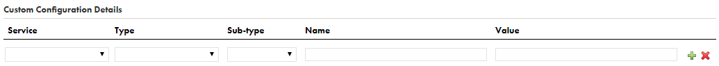 When you edit a Secure Agent, the Custom Configuration Details area appears at the bottom of the page. The Custom Configuration Details area contains the following fields: Service, Type, Sub-type, Name, and Value. The Add and Remove icons appear on the right side.