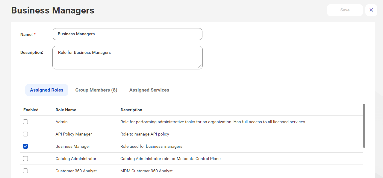 The group details page for the “Business Managers” group displays the group name and description, the role assigned to the group, the group members, and the services assigned to the group. The “Business Manager” role is assigned to the group. The group has eight members.