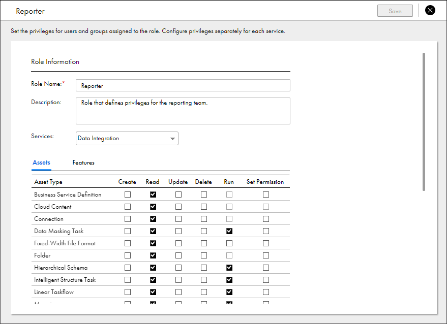 The role details page for the Reporter custom role displays the role name and description and the asset and feature privileges that are set for the Data Integration service. You set the privileges separately for each service.