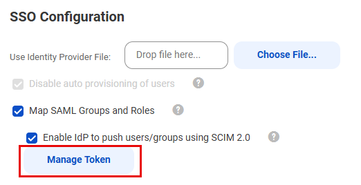 The Manage Token button is visible once the Map SAML Groups and Roles and Enable IdP to push users/groups using SCIM 2.0 options are enabled.