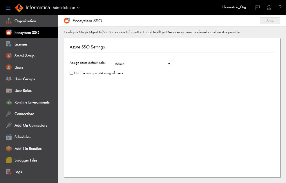 The Ecosystem SSO page contains one section, "Azure SSO Settings" which contains two properties, "Assign users default role" and "Disable auto provisioning of users." In this image, the Admin role is selected in the "Assign users default role" list, and the "Disable auto provisioning of users" option is not enabled.