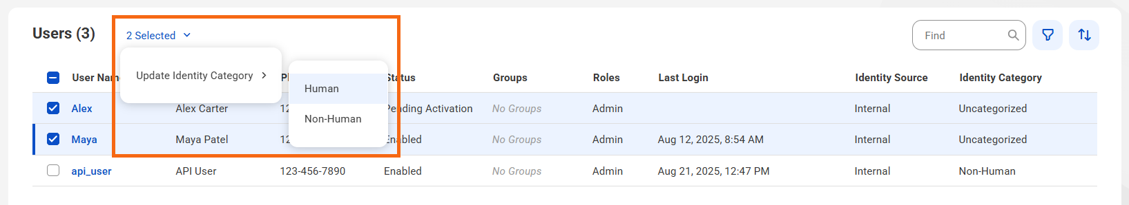 The Users area shows the Update Identity Category menu that displays options to categorize the selected users as Human or Non-Human.