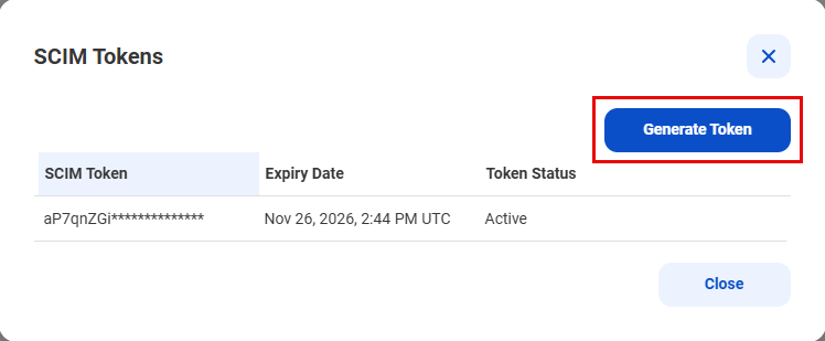 The Generate Token button on the SCIM Tokens dialog box.