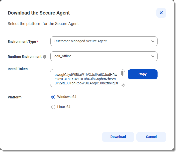 The Download Secure Agent dialog box has drop-down menus that allow you to select the environment type and the Secure Agent group.