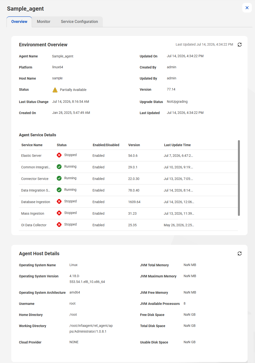 The agent details page contains three tabs: Overview, Monitor, Service Configuration. The Overview tab is displayed. This tab contains sections for Environment Overview, Agent Service Details, and Agent Host Details. You can stop and start services and view package details in the Overview tab.