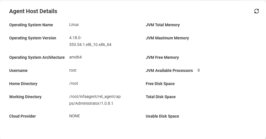 The Agent Host Details section in the Overview tab displays information about the Secure Agent host machine.