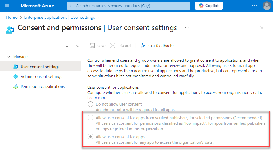 The graphic shows the User consent settings page in the Azure portal. Two options are highlighted: the option "Allow user consent for apps from verified publishers, for selected permissions" requires approval of the Informatica application from the Azure administrator. The option "Allow user consent for apps" does not require approval from the Azure administrator.