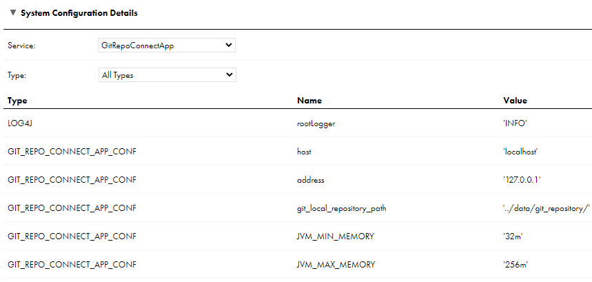 When you view or edit a Secure Agent and select the GitRepoConnectApp service, the configuration properties appear in the System Configuration Details area. In this image, the service type is set to "All Types," and the LOG4J and GIT_REPO_CONNECT_APP_CONF properties are displayed.