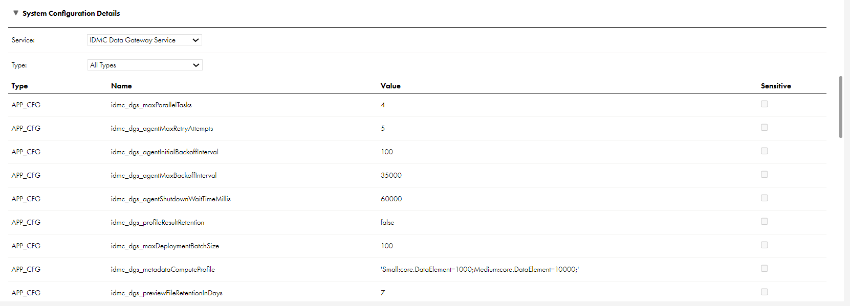 The image shows the IDMC Data Gateway Service properties.