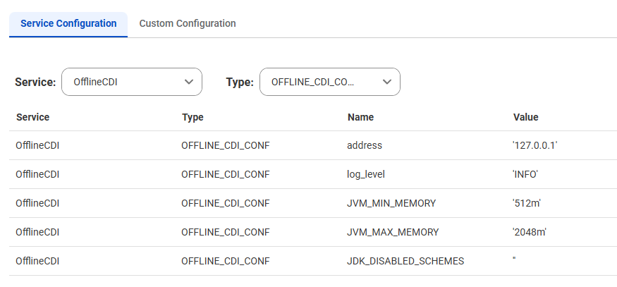 The OfflineCDI service properties include the LOG4J rootLogger property, as well as the following OFFLINE_CDI_CONF properties: address, log level, JVM_MIN_MEMORY, JVM_MAX_MEMORY, and JDK_DISABLED_SCHEMES. The OfflineCDI service properties include the LOG4J rootLogger property, as well as the following OFFLINE_CDI_CONF properties: address, log level, JVM_MIN_MEMORY, JVM_MAX_MEMORY, and JDK_DISABLED_SCHEMES.