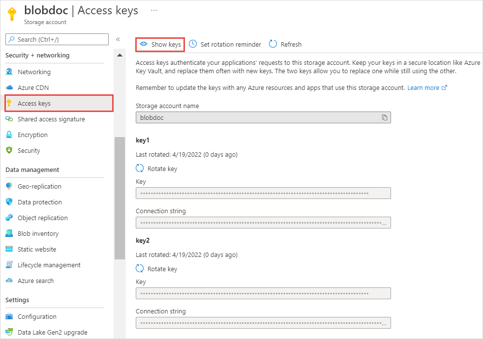 This image displays the storage account name and account key.