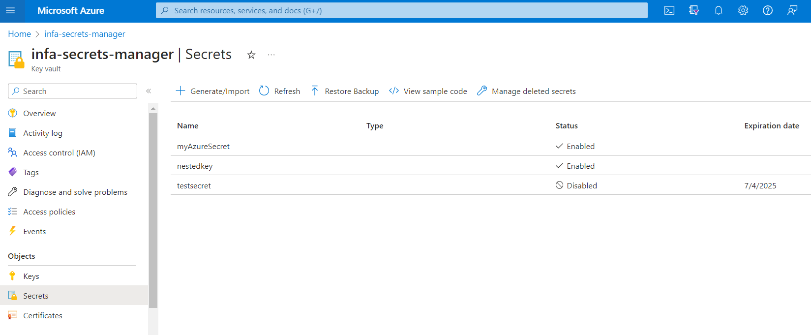 The image shows the secret "nestedkey" listed in the table on the Secrets page in Azure Key Vault.