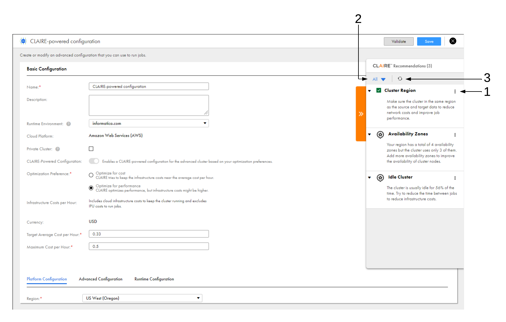 The advanced configuration includes a CLAIRE Recommendations panel. The panel includes an Actions menu for each recommendation, a drop-down menu to filter recommendations, and a Refresh button.