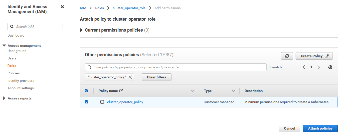 The Add permissions wizard is open for cluster_operator_role. The customer-managed policy cluster_operator_policy is selected and ready to be attached to the role.