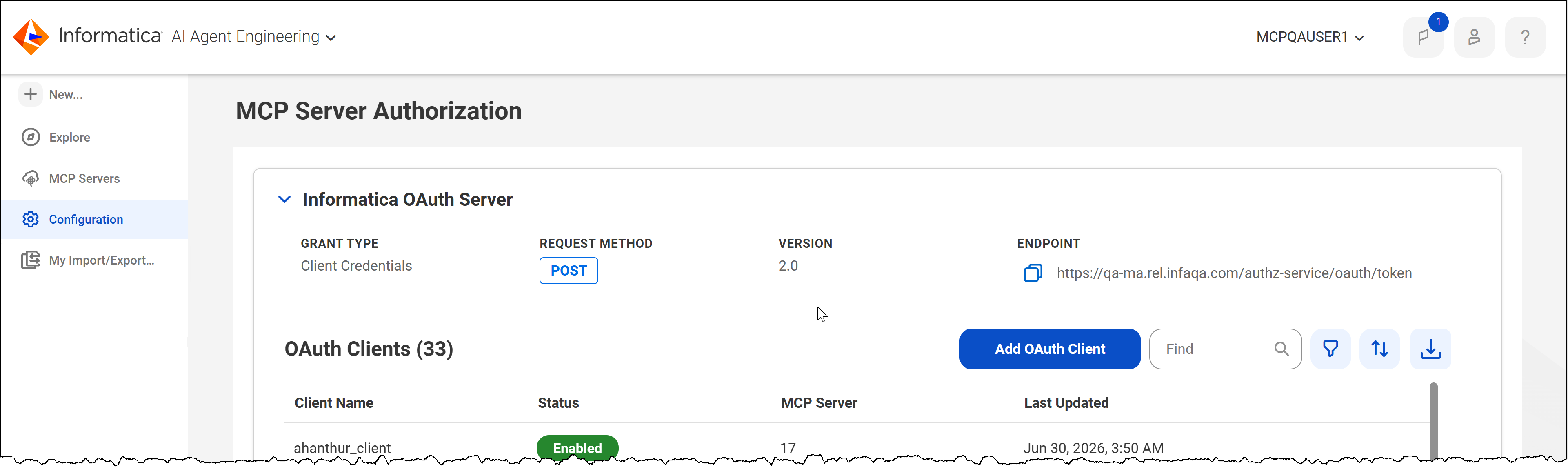 The OAuth server information appears at the top of the MCP Server Authorization page. It includes the grant type, request method, OAuth version, and server endpoint URL. Each OAuth client associated with the server is also listed on the page.
