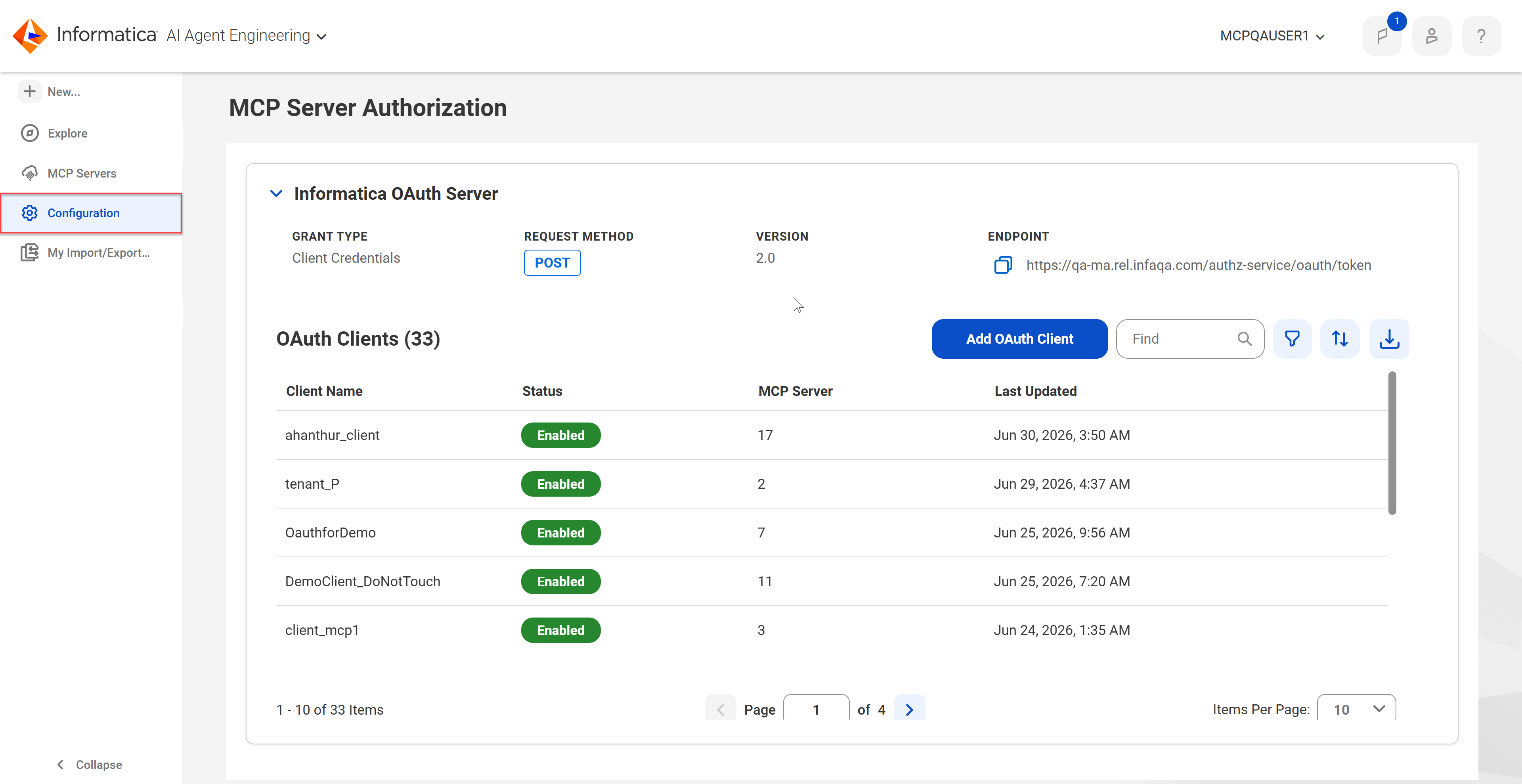 The Configuration option in the left navigation menu is highlighted. This option opens the MCP Server Authorization page. The page displays the Informatica OAuth server information at the top, contains a button to add an OAuth client, and lists the existing OAuth clients.
