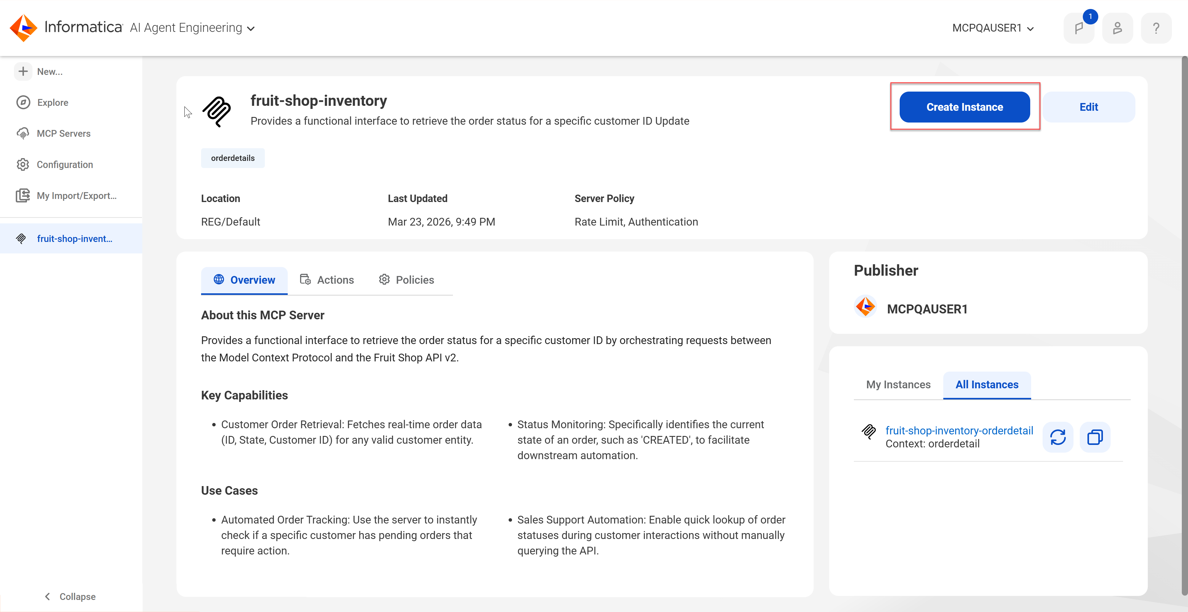 The Create Instance button appears in the top right corner of the MCP server details page.