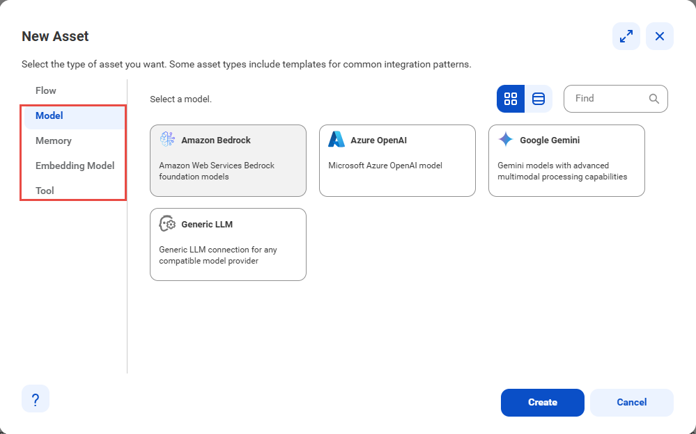The image shows the New Asset dialog box. In the navigation menu on the left, the following options are highlighted: Models, Memory, Embedding Model, and Tools.