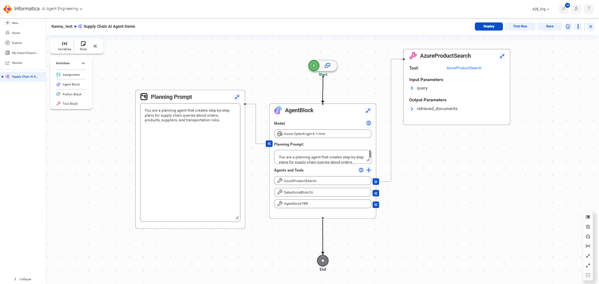 The image shows the agent flow canvas with one agent block between the Start and End nodes. The planning prompt is expanded to show the entire prompt, and the AzureProductSearch tool is expanded to show its properties. A toolbar and the Activities menu appear in the upper left corner, and pagination controls appear in the lower right corner.