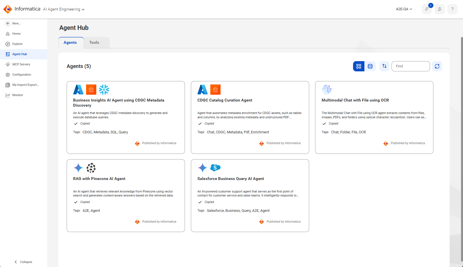 The Agent Hub contains separate tabs for agent recipes and tool recipes. Each tab lists the recipes that are available for use.