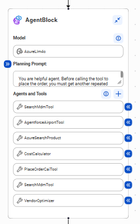 An agent block contains fields to specify the model and planning prompt. It also contains fields for each inline subagents and tool that the agent can call.