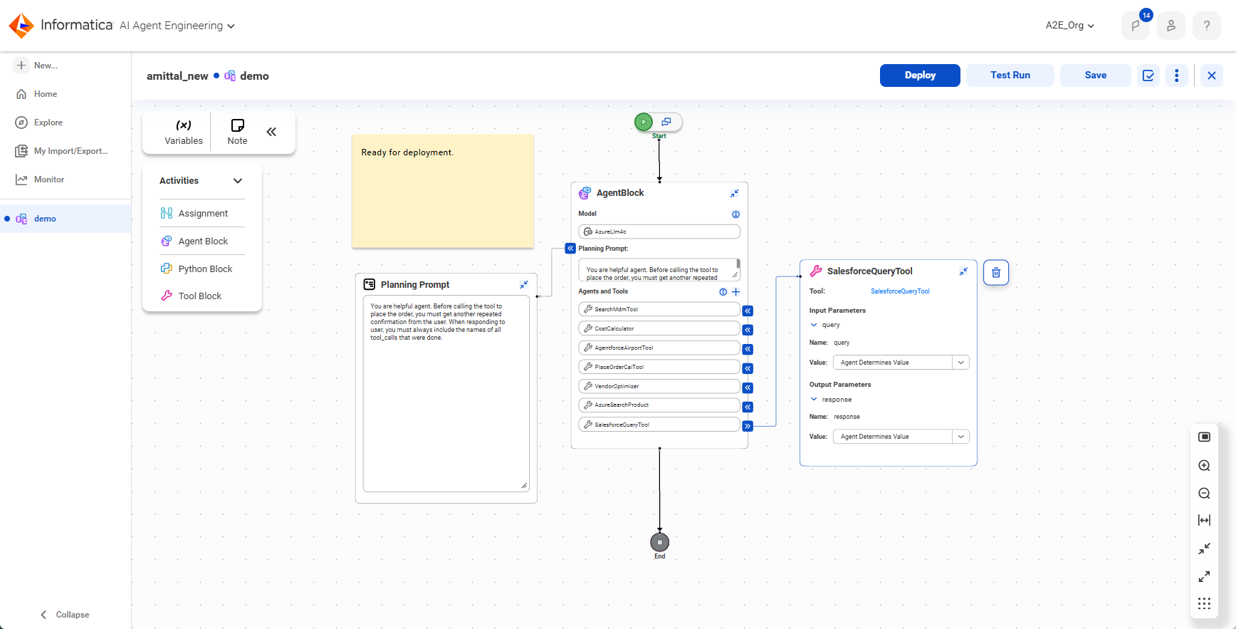 The image shows an agent flow canvas with one agent block. The planning prompt is expanded to show the entire prompt, and the Salesforce Query tool is expanded to show its properties. The canvas also contains a sticky note. A toolbar and the Activities menu appear in the upper left corner, and pagination controls appear in the lower right corner.