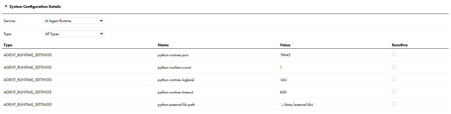 The AI Agent Runtime service properties appear in the System Configuration Details area of the Secure Agent details page when you choose "AI Agent Runtime" in the "Service" drop-down menu. For each property, the type, name, current value, and whether the property contains sensitive information are displayed.