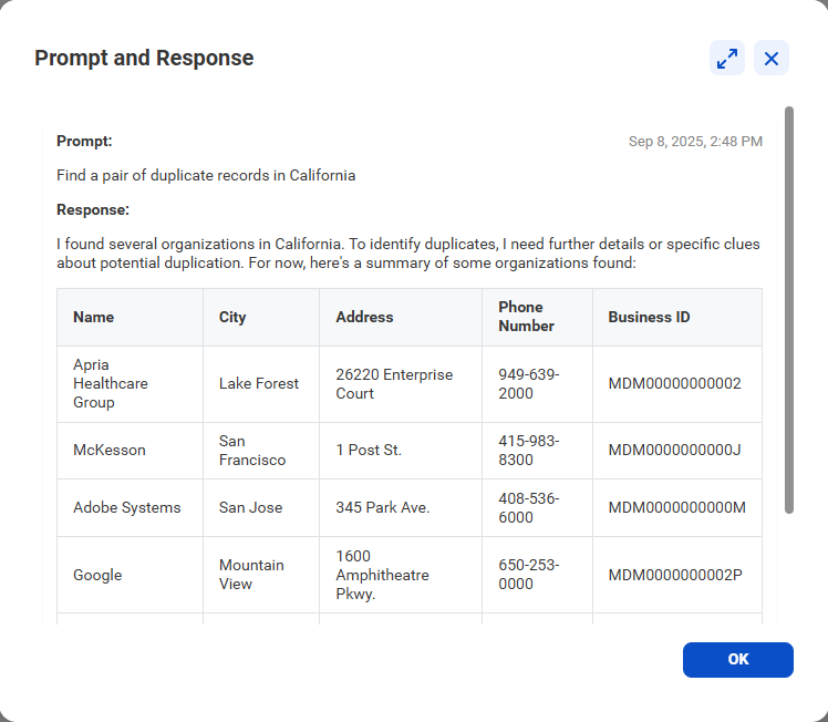 The image shows the prompt and response for an AI agent. The prompt says, "Find a pair of duplicate records in California." In the response, the agent asks for further details but also provides a summary table of some organizations that it found in California.