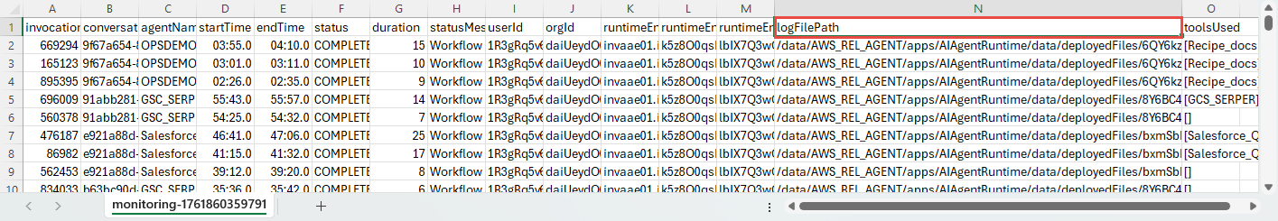 The logFilePath column is the last column in the CSV file.