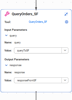The tool block shows a Salesforce tool connection named "QueryOrders_SF." The input and output parameters are expanded and their values are set to agent flow variables.