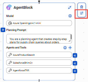 The control to configure advanced properties appears below the delete icon in the tool bar that is displayed next to the agent block.