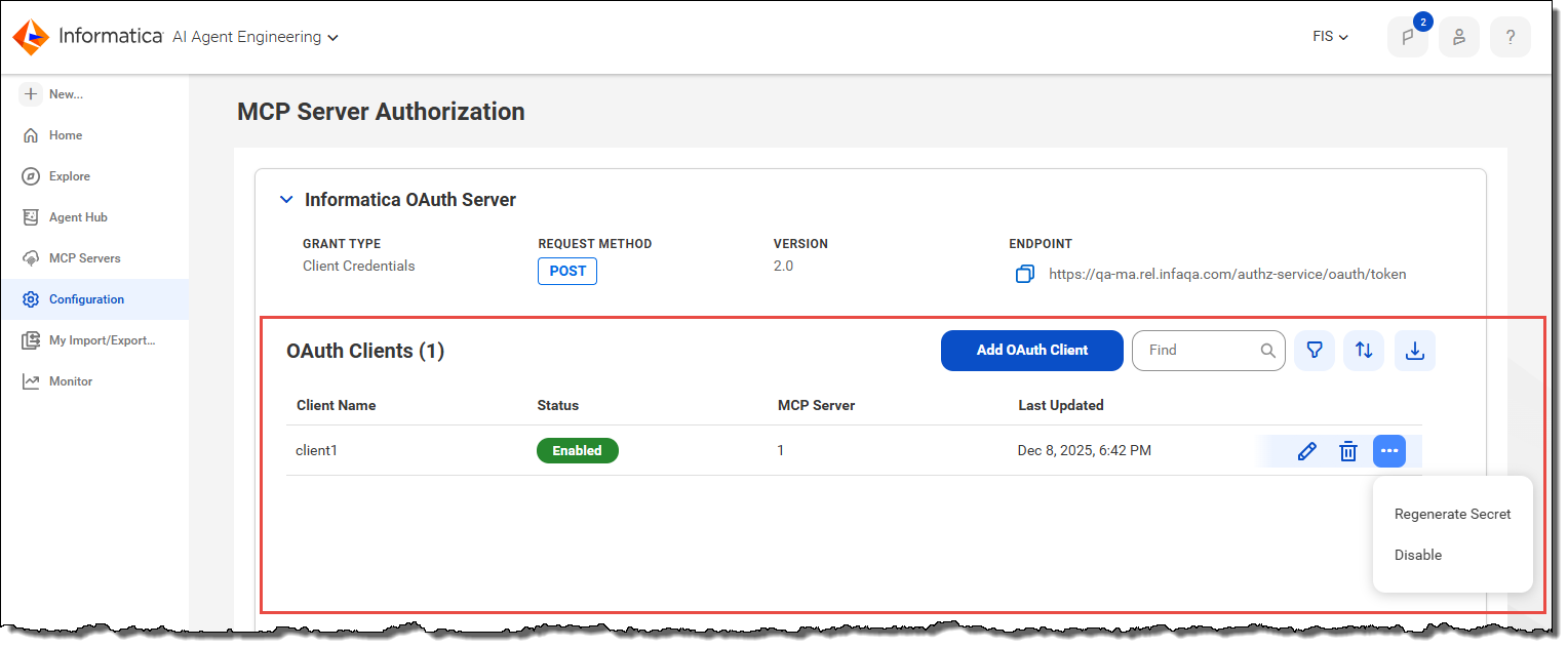 The MCP Server Authorization page lists the OAuth clients associated with the server. There is a button for adding an OAuth client, a find box, and controls to filter, sort, and download the list of clients. For each client, the client name, status, MCP servers, and last update date are displayed. You can edit, delete, regenerate secrets, and disable each OAuth client.