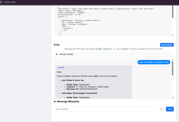 The image shows the GitHub A2A Inspector. The Chat section is expanded to show the message returned from the AI agent.