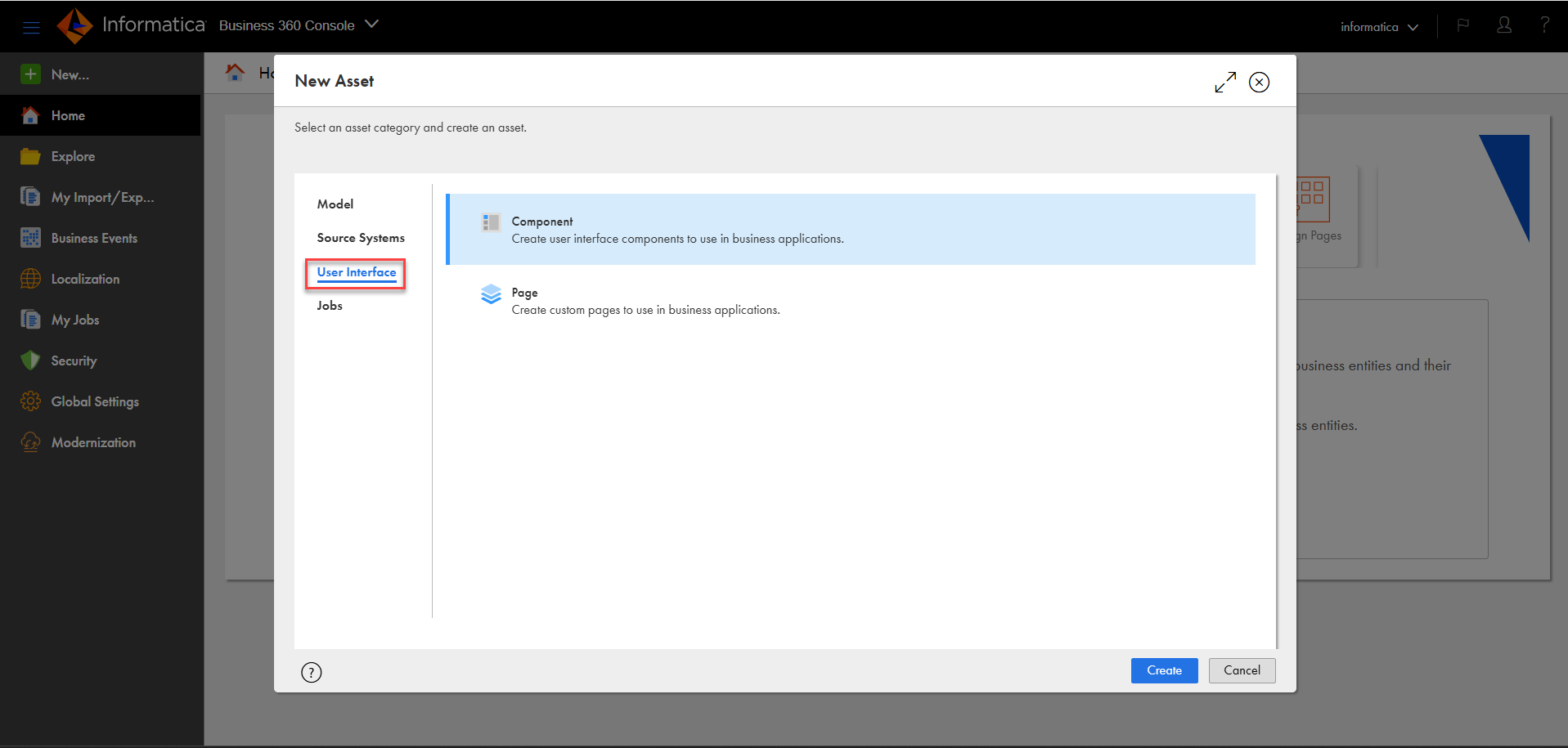 The New Asset dialog box shows the User Interface option selected, with Component and Page options to create user interface components and custom pages in business applications.
