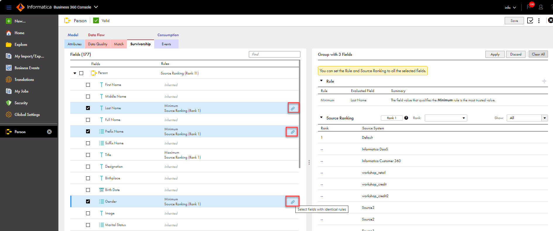 The image shows the Survivorship page with the Select fields with identical rules icon.